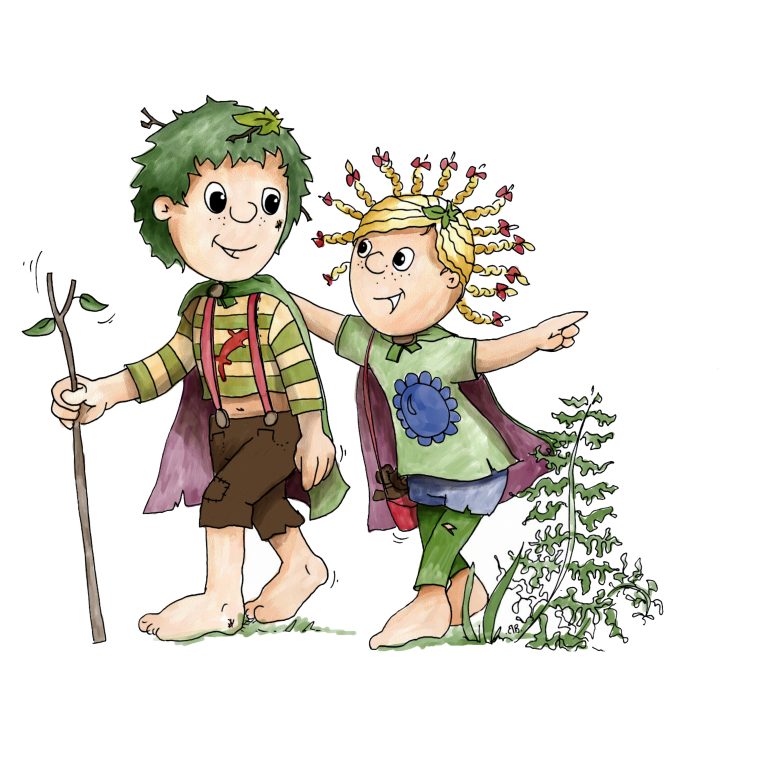 Illustration der Waldgeister Waldemar und Wally beim Wandern